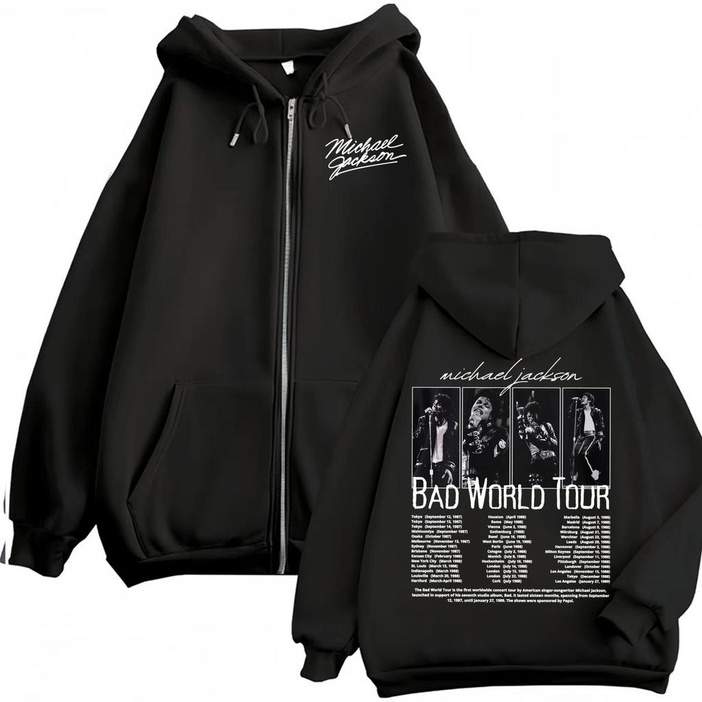 Re del Pop Michajackson Era Bad Felpa con Cappuccio e Zip Uomo Donna Harajuku Streetwear Giacca Felpa Pile Casual Zip-Up Pullover