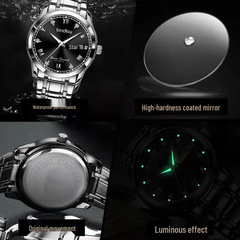 Swiss Luxury Men's Waterproof Quartz Watch with Dual Calendar & Luminous Steel Band