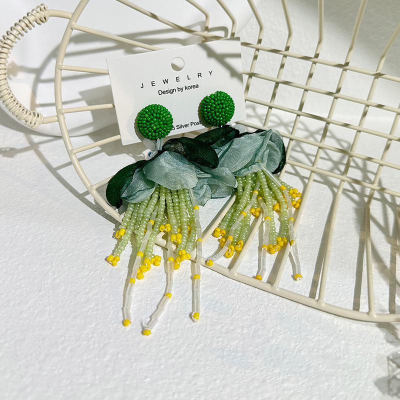 Exaggerated Big Fluffy Fabric Flower Beads Pendant Earrings for Women Trendy Wedding Drop Earring 2023 Bohemia Jewelry Accessory