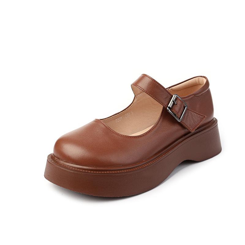 Fashion GKTINOO Women Shoes Flat Platform Cow Leather Mary Janes Round Toe Buckle Strap Ladies Daily Flat Shoes Handmade Large Size