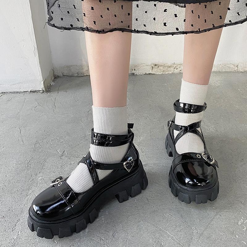 Women 'S Heart Buckle Platform Mary Jane Shoes Fashion Cross Strap Chunky Heels Lolita Shoes Woman Patent Leather Pumps