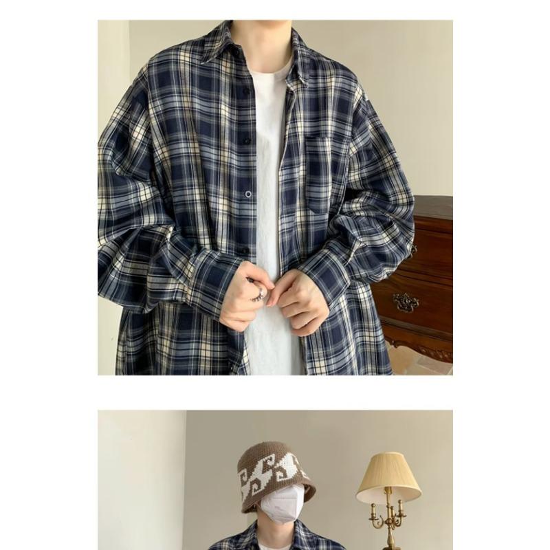 Camisa de Manga Larga Vintage Estilo Japonés para Hombre Holgada Casual