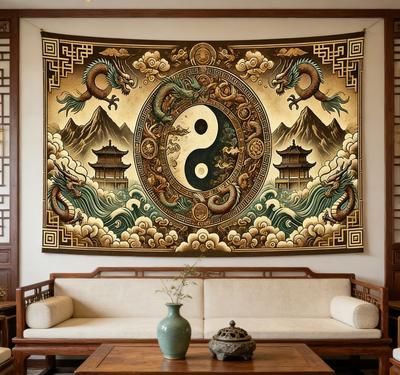 Chinese Dragon Yin Yang Tapestry 2D Flat Printing Tai Chi Feng Shui Wall Hanging for Living Room Bedroom Asian Style Home Decor