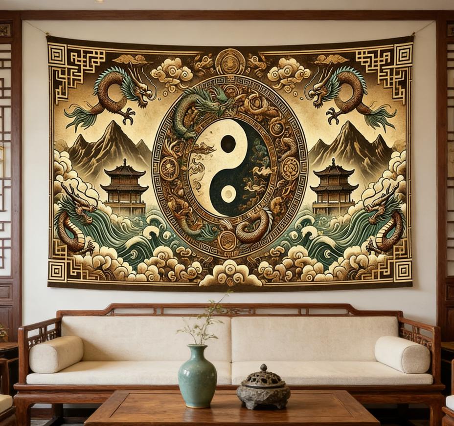 Chinese Dragon Yin Yang Tapestry 2D Flat Printing Tai Chi Feng Shui Wall Hanging for Living Room Bedroom Asian Style Home Decor