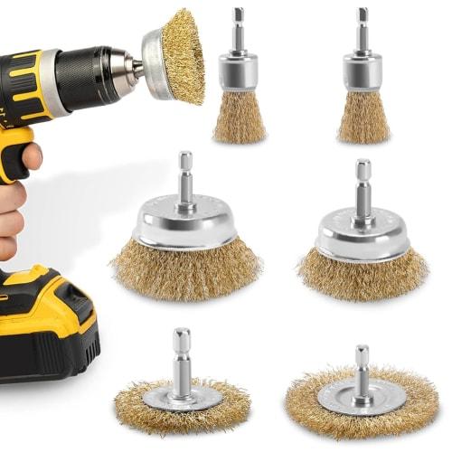 Hexagonal Shank Wire Brush Set of 6, 5 Types, Brass 6mm Shank, Cup Brush, Disc Brush, Umbrella Brush, Pen Brush, Rust Removal, Paint Stripping, Polish