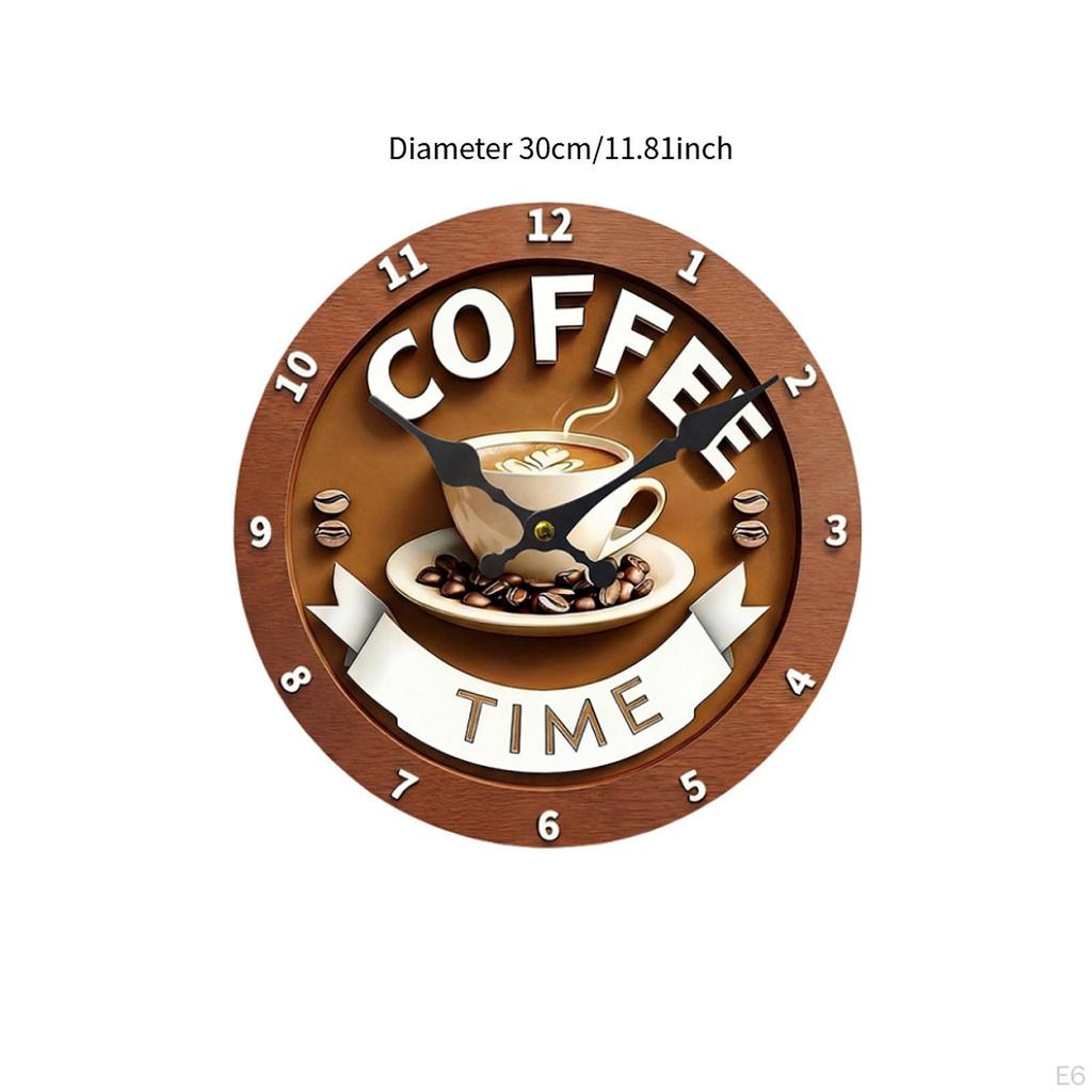 Coffee Pattern Wall Clock Decorative Round Creative Battery Operated Ornament Timepiece