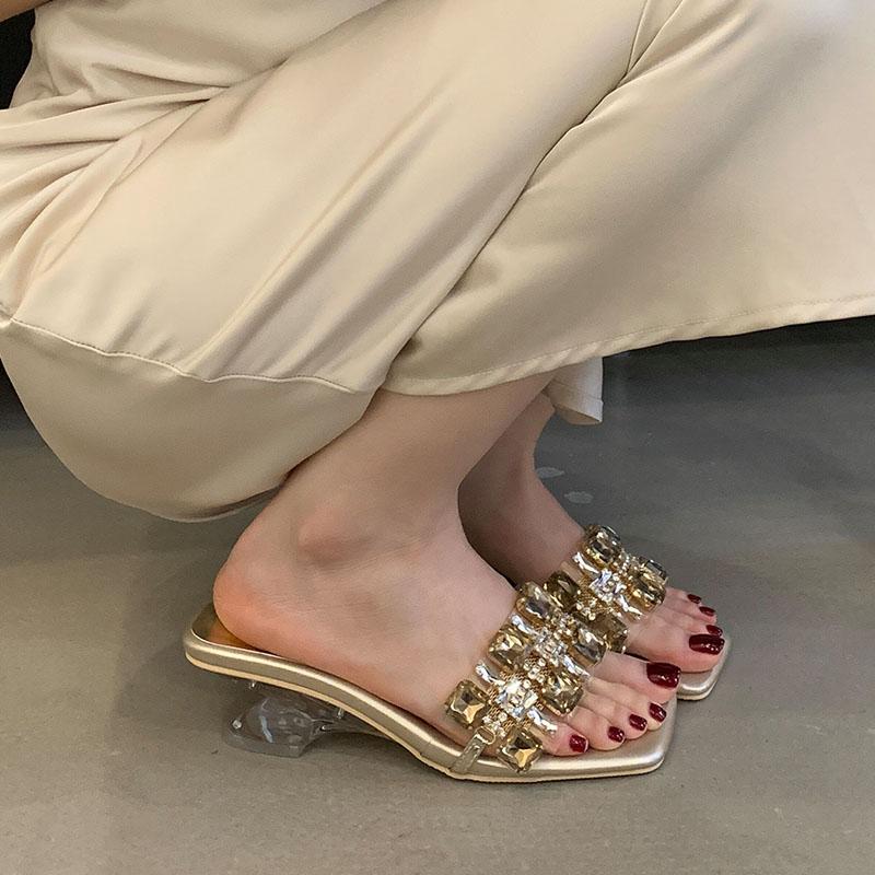 Fashion Luxury Crystal Fashion Transparent Heels Ladies Wedges Slippers Rhinestones Women Heeled Slippers Shoes Female Slides Pumps