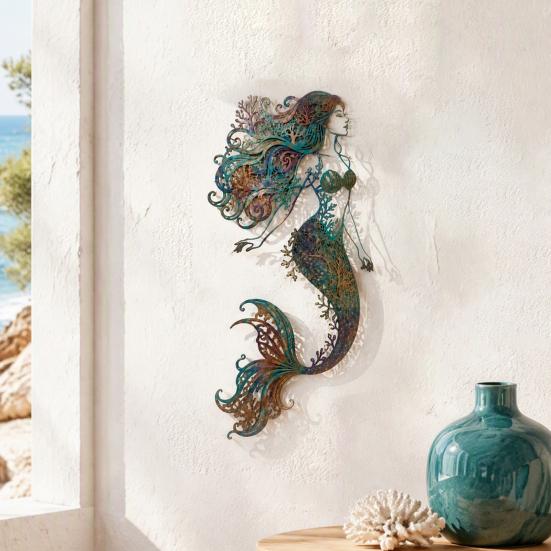 Rustic Metal Art for Patios Mermaid Wall Decoration, Three-dimensional Hollow Iron Artistic Crafts Sculpture, Retro Ocean Style Hanging Figures