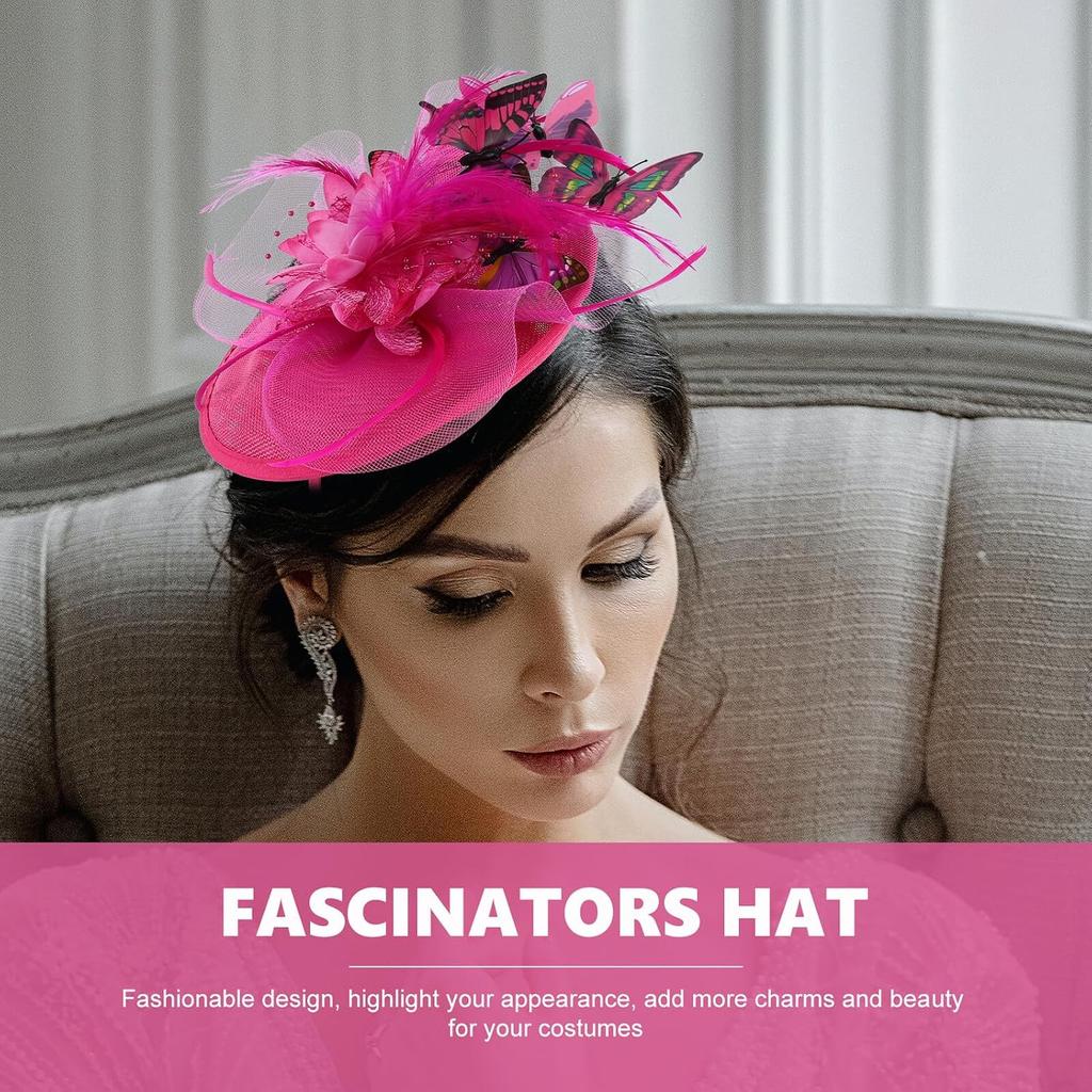 Tea Party Fascinator Headband with 3D Butterfly Decoration, Rose Red Pillbox Hat for Women, Lightweight Special Occasion Hair Accessory
