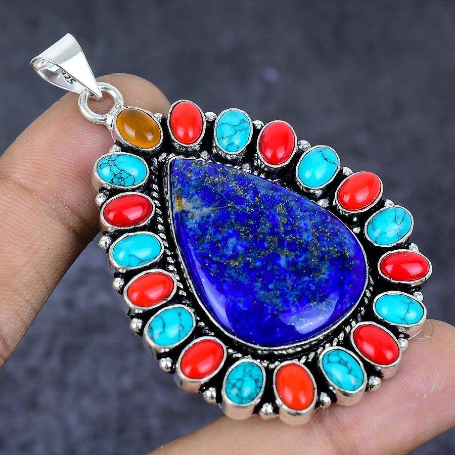 Pandantiv Bijuterie din Argint Sterling 925 cu Lapis Lazuli Natural, Turcoaz 2,64" ETC-13782