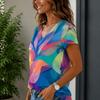 Women 2026 New European American Bohemian Print V‑Neck Short Sleeve Summer T‑Shirt