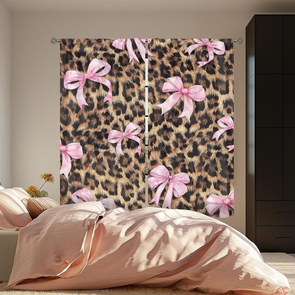 Modern Pink Bow Leopard Print Curtains Preppy Girly Cheetah Cute Pretty Sweet Girls Art Printed Retro Fashion Curtain Polyester With Rod Pocket