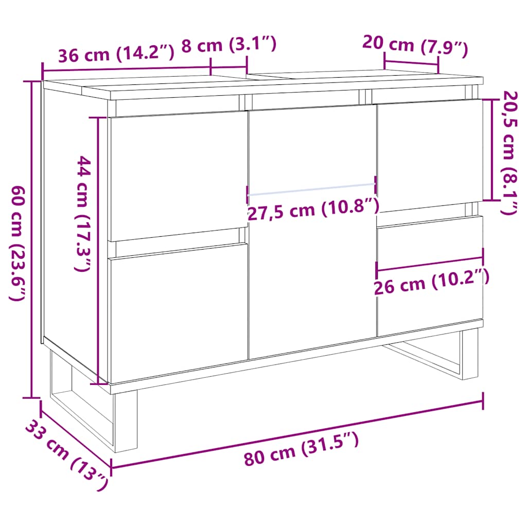 Waschbeckenunterschrank Rustikaler Holzlook 80 x 33 x 60 cm Holzwerkstoff