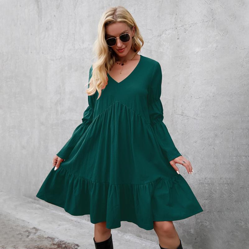 Above Knee Women Spring Summer Bohemian Holiday Dress Straight V-Neck High Loose Waist Full Sleeve Big Swing Ruffle Solid Color M-3XL