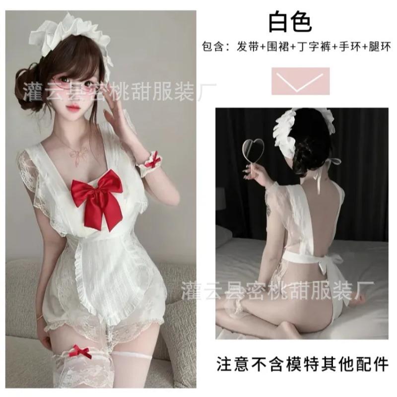 Sexy Lingerie Sexy Bow See-through Apron Little Maid Uniform Hot Halter Ruffle Skirt Pajamas