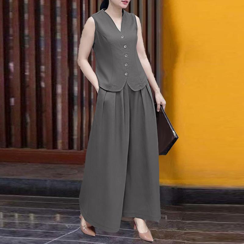 ZANZEA Ärmellose Weste, Oberteile und Hosen für Damen, zweiteiliges Sommer-Set