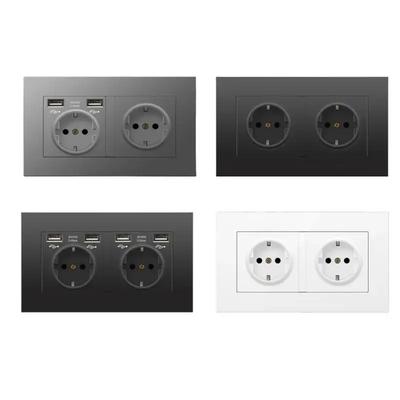 Black PC European Standard Dual 16A Wall Socket with Usb Charging Port, USB Plug Adapter 220V Power Socket Strip 146mm*86mm