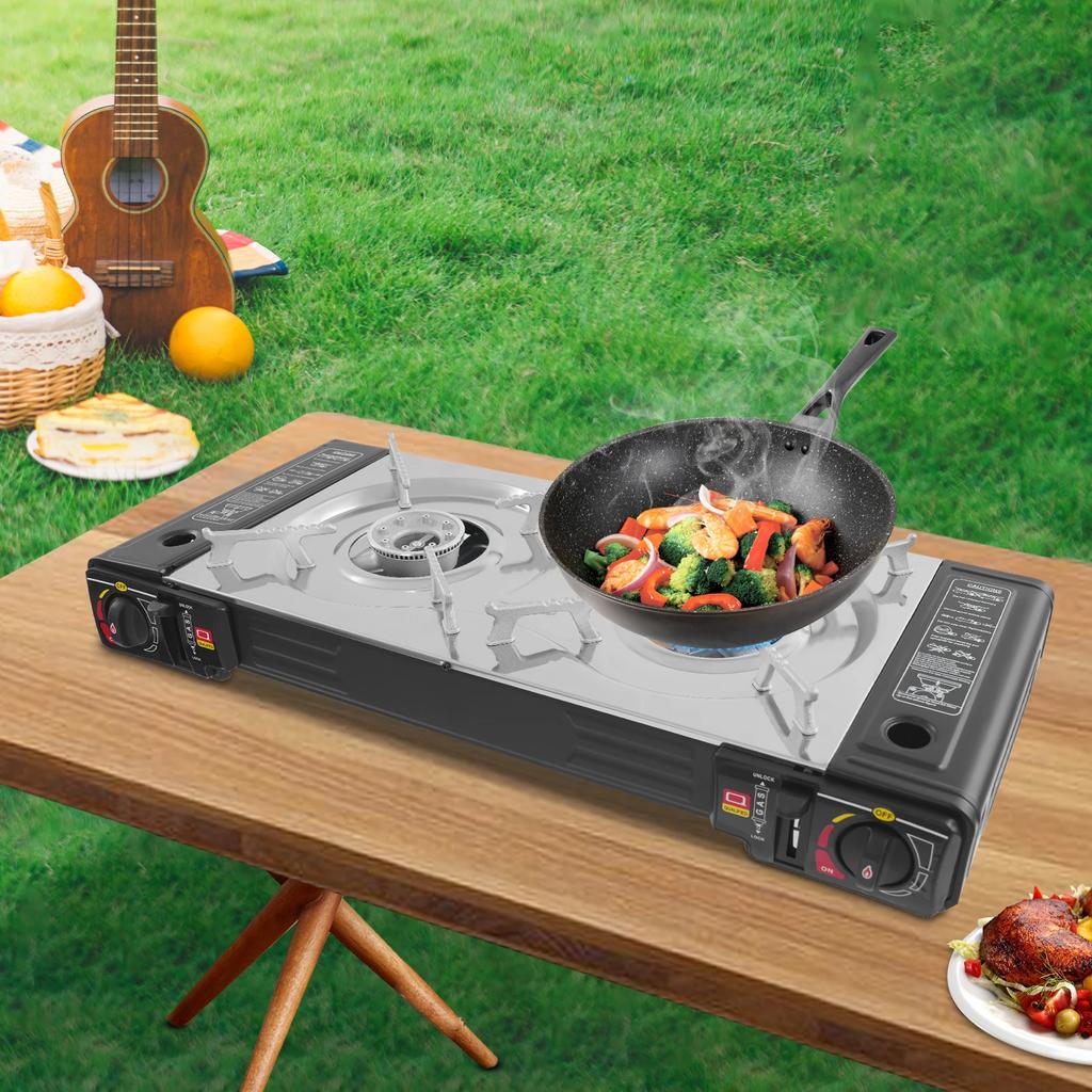 Double-burner Gas Grill Outdoor Portable Camping Stove Two Control Knobs,Automatically Piezoelectric Ignition