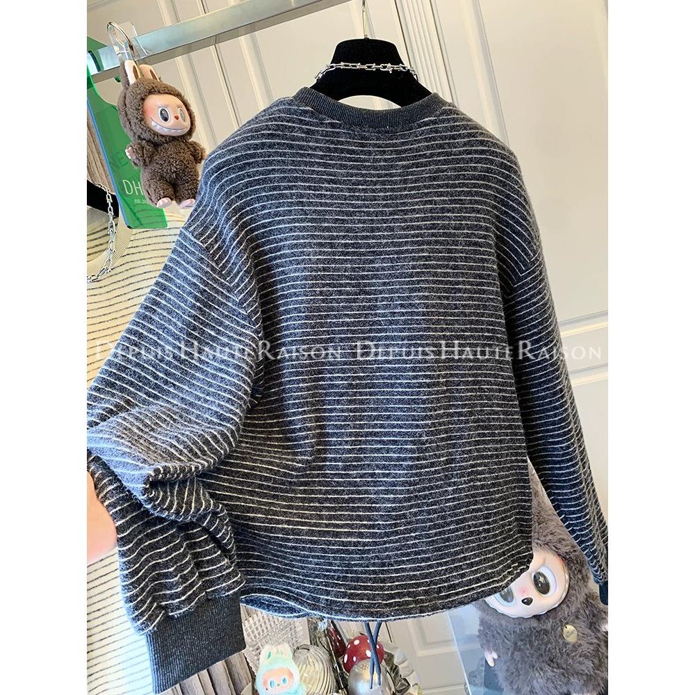 Korean Style Embroidered Pumpkin Stripe Long Sleeve Women's Plus Size Casual Top