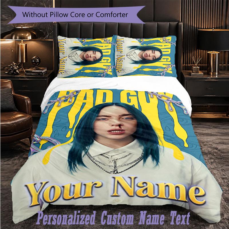 Personalized 3Pcs Bedding SetBillie Eilish Custom Text Duvet Cover Pillowcase Set Bedroom Gift