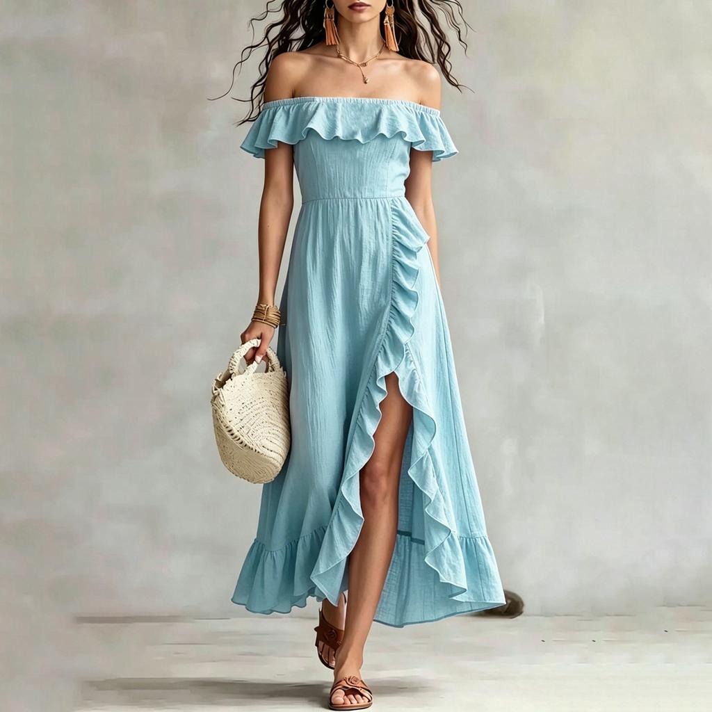Modisches Sexys Rüschen-Einschulter-Kleid für Damen, temperamentvoll, für den Urlaub, locker
