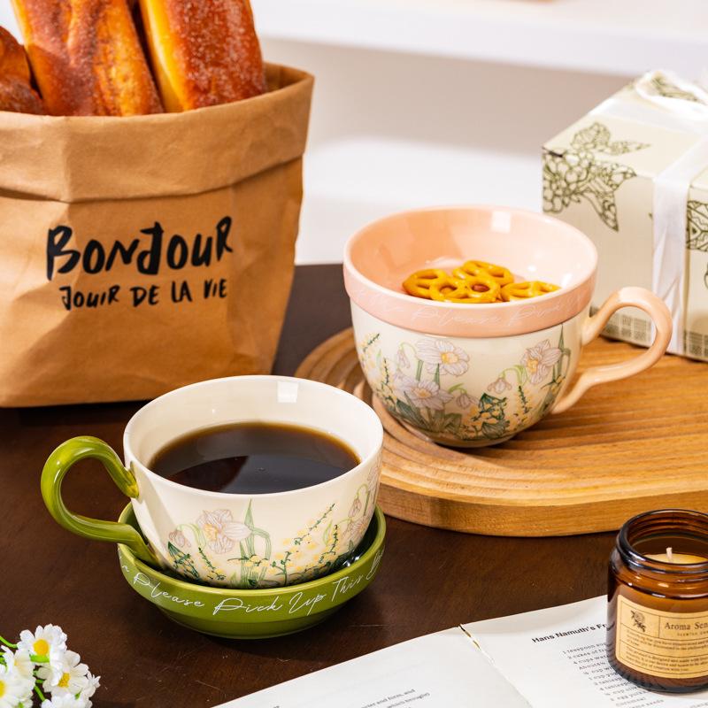 Vintage Oil Painting-Like Lily Of The Valley Blooming Coffee Cup And Saucer Set Ceramic Coffee Cup Gift Box, High-End Souvenir