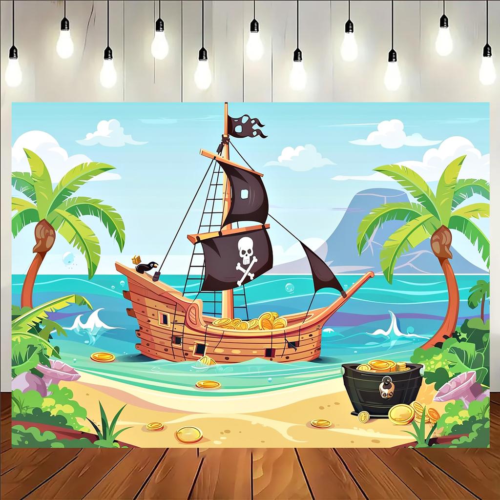 1 Cartoon Pirate Ship Background Banner - Suitable for Birthdays, Holidays, Parties, Multiple Sizes To Choose from