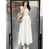 Blue square neck suspender dress women's summer new splicing skirt high-end waist and thin dress