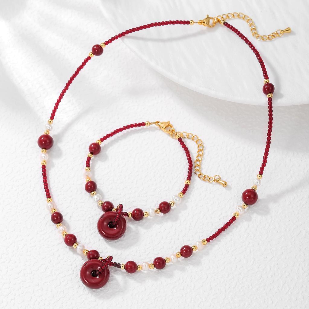 New Chinese Style Natural Stone & Freshwater Pearl Bracelet with Cinnabar Peace Buckle and Red Rope.