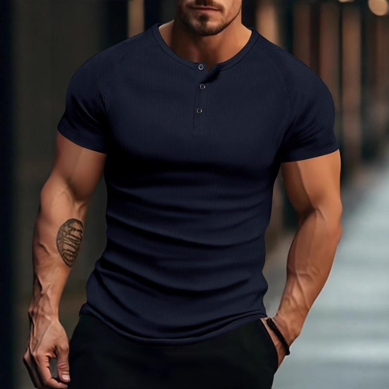 Men Vertical Ribbed Henley Neck Short Sleeve T-Shirt Casual Slim Fit Top
