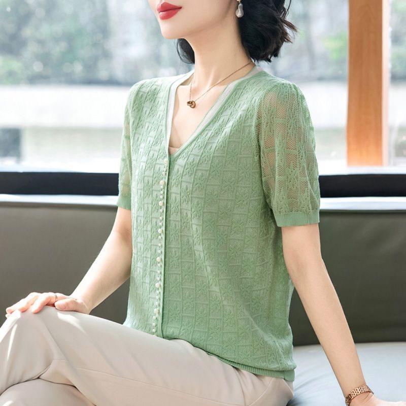 Women Light Blue V Neck Short Sleeve Knit Cardigan With Lace Openwork And Pearl Buttons