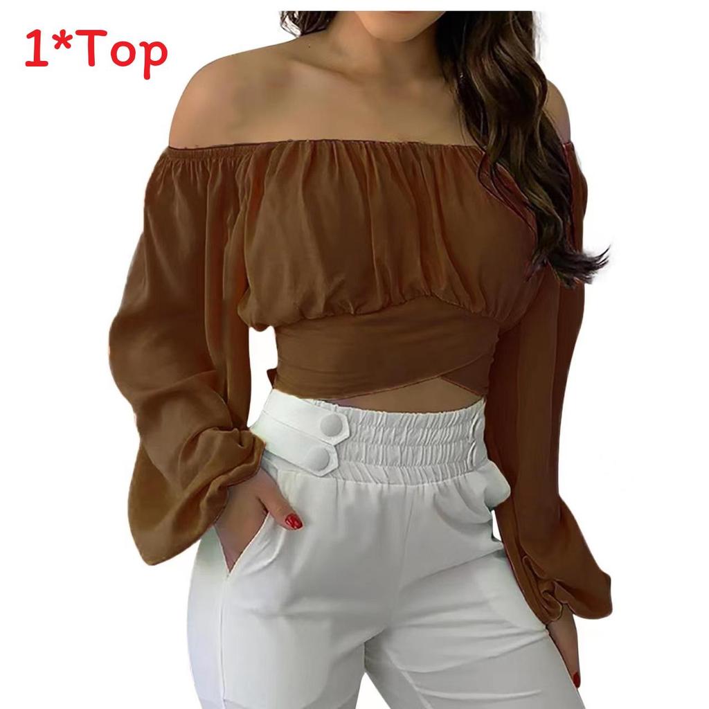 Spring Summer Womens Off Shoulder Cross Tie Long Sleeve Blouse For Casual Office Wear