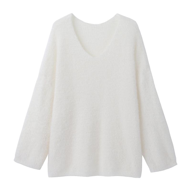 Damen Herbst Schulterfreier V-Ausschnitt Pullover – Sanft, Locker, Langärmiges Weißes Strickoberteil