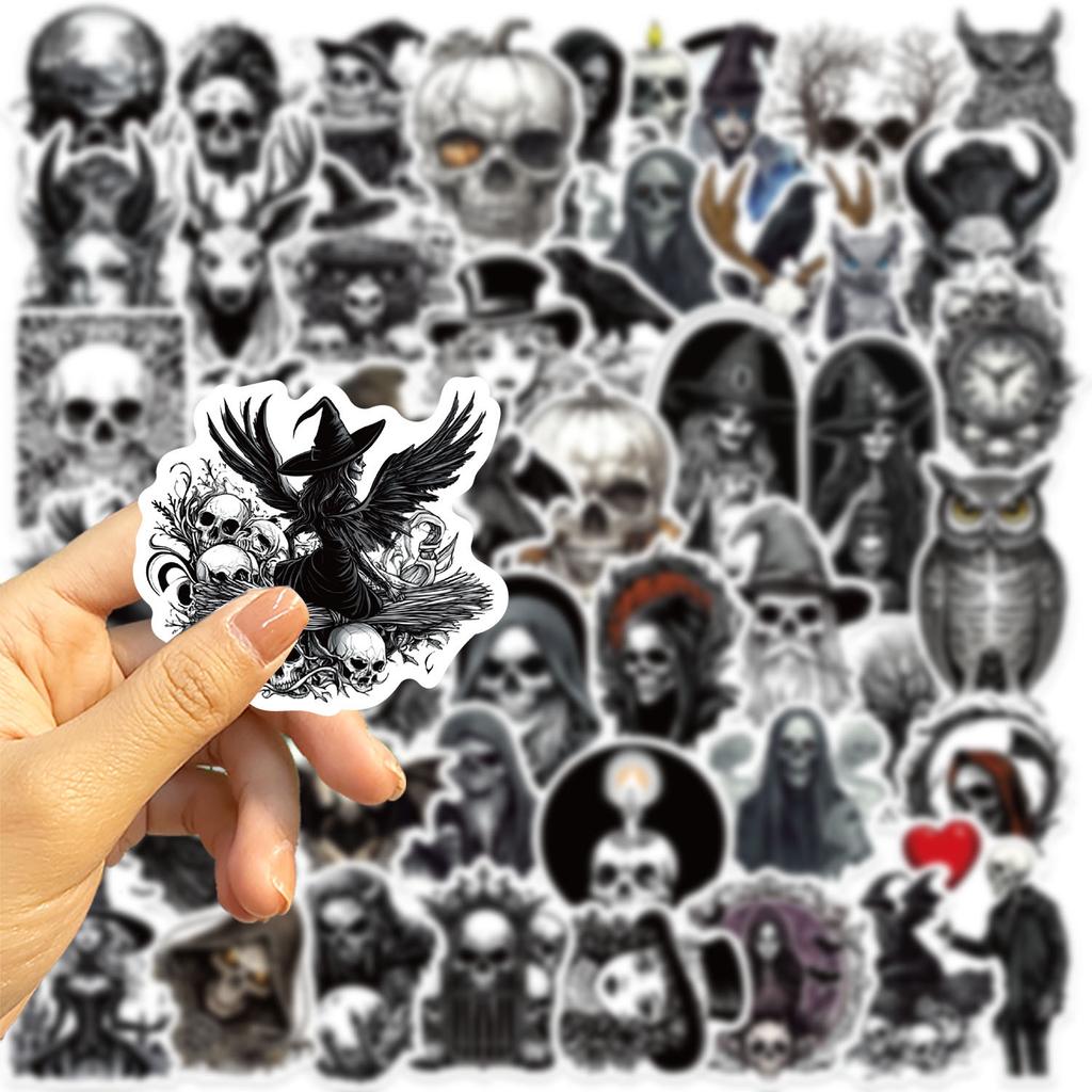 50 Pegatinas de Dibujos Animados Blanco y Negro Gótico Calavera Doodle Decorativas Guitarra Cuaderno Maleta DIY Impermeables
