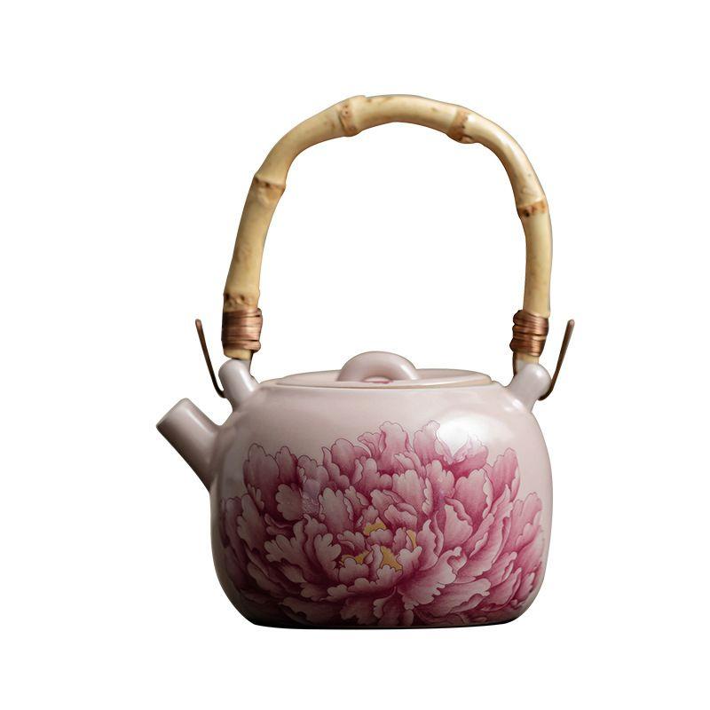 Creative Ceramic Teapot for Brewing Tea Pink Peony with Bamboo Handle Portable Kung Fu Tea Set and Office Ceramic Kettle Gifts