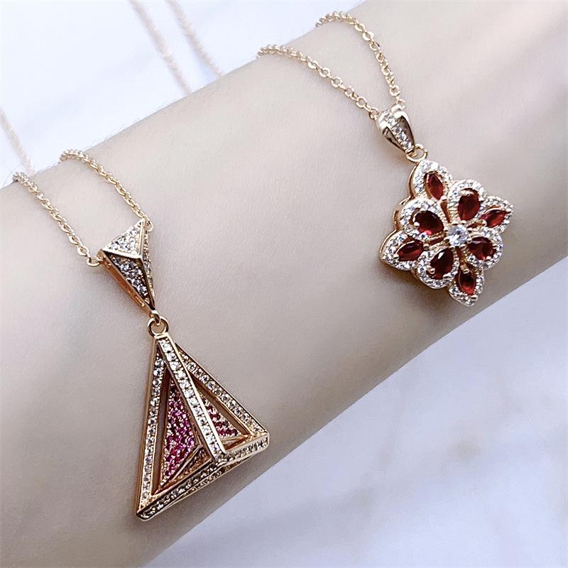 Exquisite Ruby Series Inlay Diamond Hollow Red Flower Necklace Gold-Champagne Triangle Collar Chain High-End Banquet Jewelry