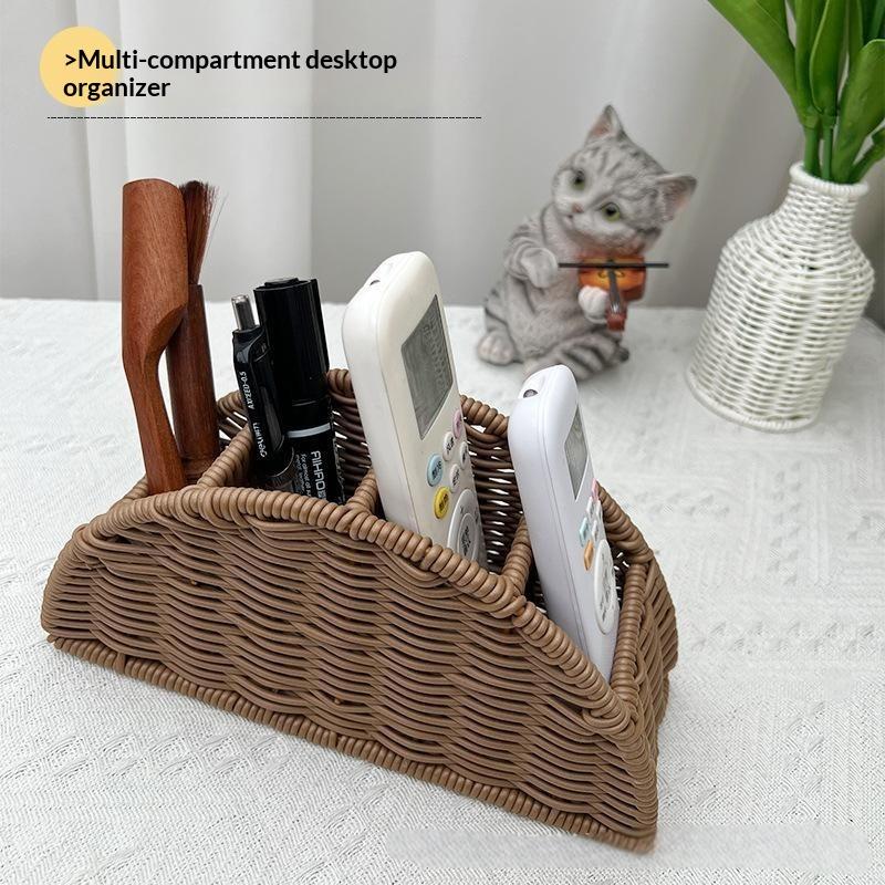 Multi-Use Weaving Storage Basket Plastic Weave Pattern Woven Basket Brown Grey Compartmentalized Organizer Basket