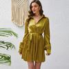 Spring and summer European and American long-sleeved Polo collar high waist lace-up fashion casual pleated women's dress women