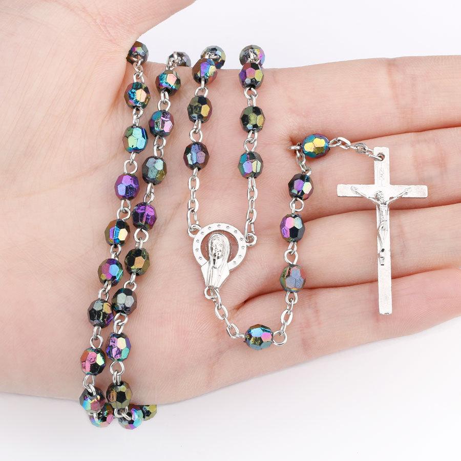 Rosary Necklace Jesus Christ Cross Statement Pendants Necklaces Acrylic Beads Long Chain Colar Religious Party Christian Zircon