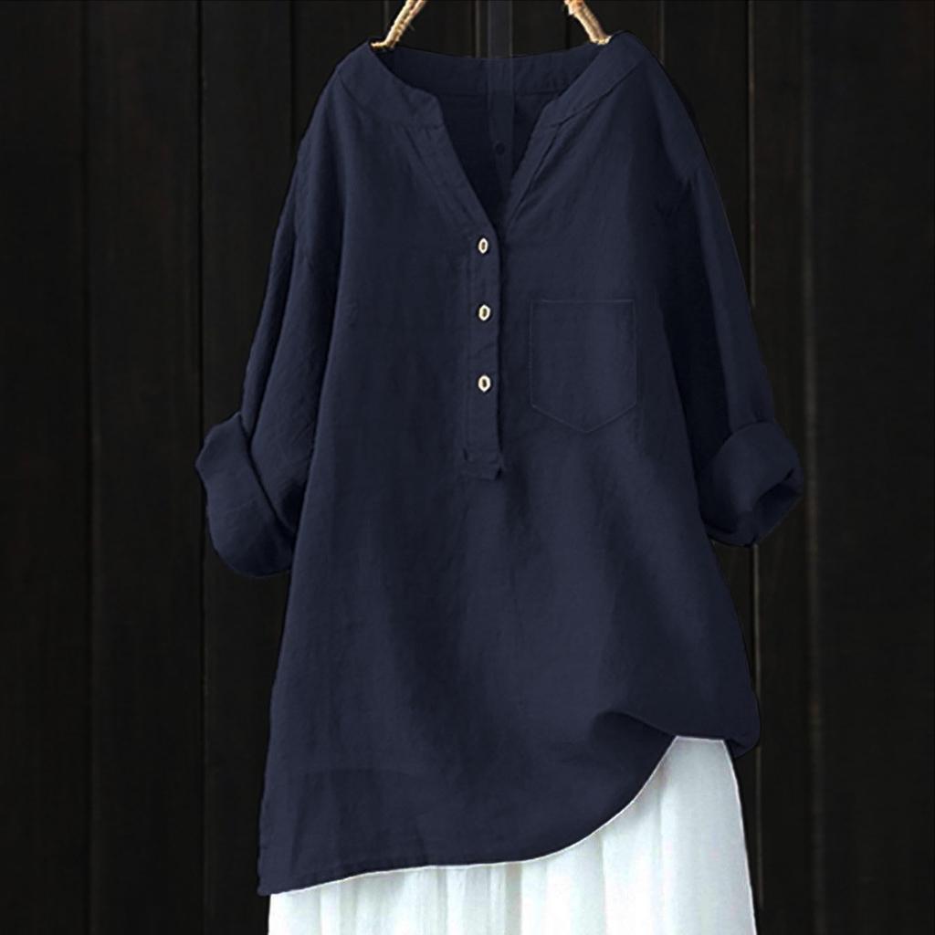 Women's Fashion Loose Solid Color Standing Collar Button Long Sleeve Sleeve Cotton Top