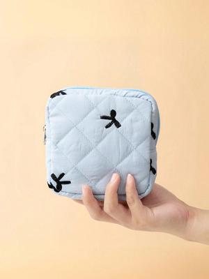 1pc Bow Decor Portable Zipper Cosmetic Bag/Sanitary Pad Storage Pouch, Fluffy Makeup Bag, Cosmetic Organizer, Toiletry Bag, Mini Makeup Bag
