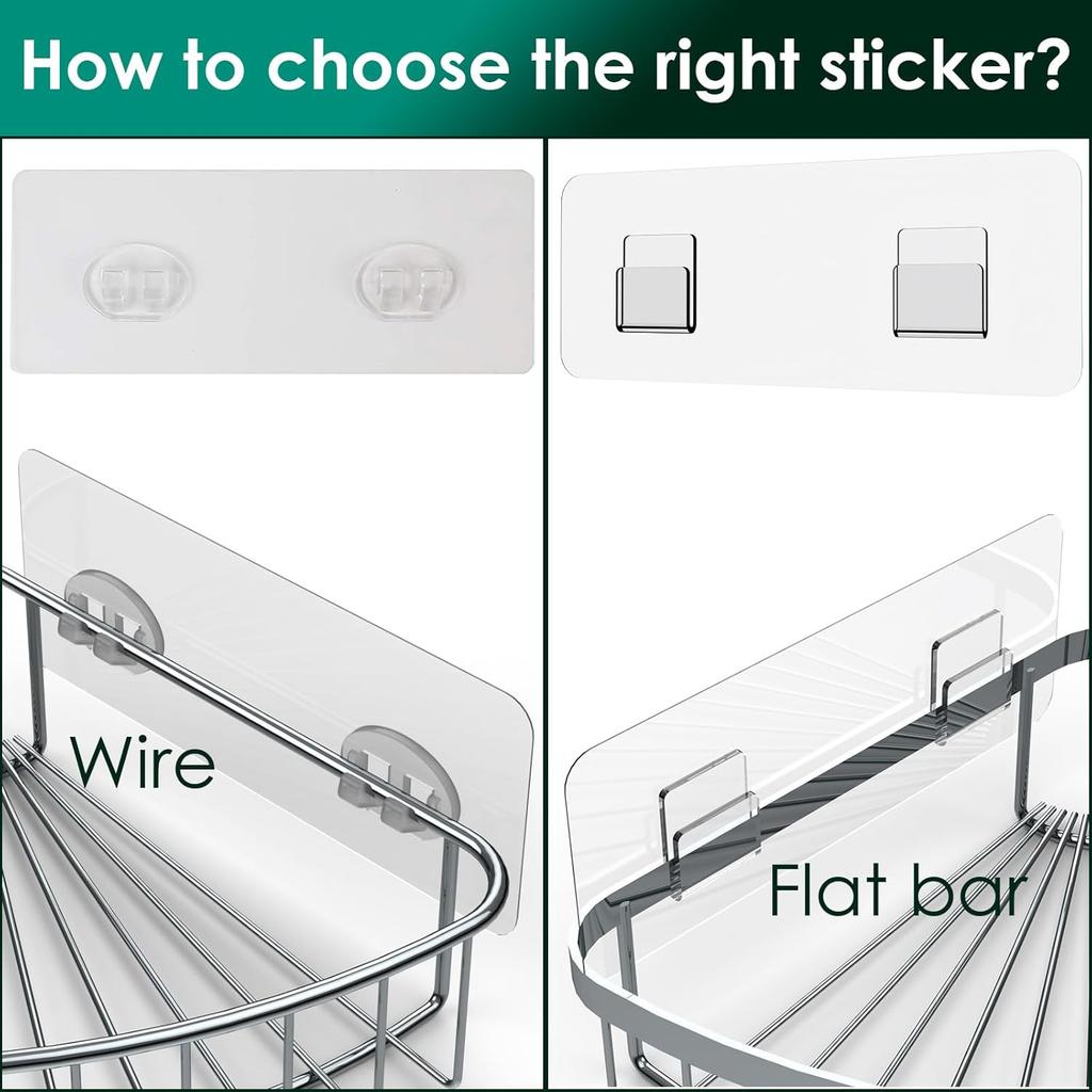 Adhesive Shower Caddy Replacement Sticker - Flat Hooks for Bathroom Organizer and Kitchen - Transparent Strong Hooks - 6 Pack