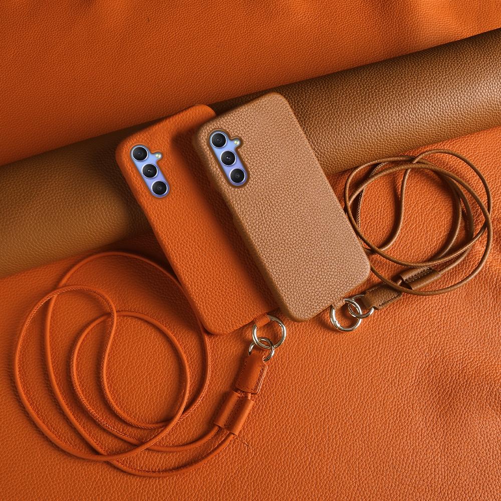 For Samsung Galaxy A34 5G Case with Lanyard Genuine Cow Leather PC Phone Back Cover