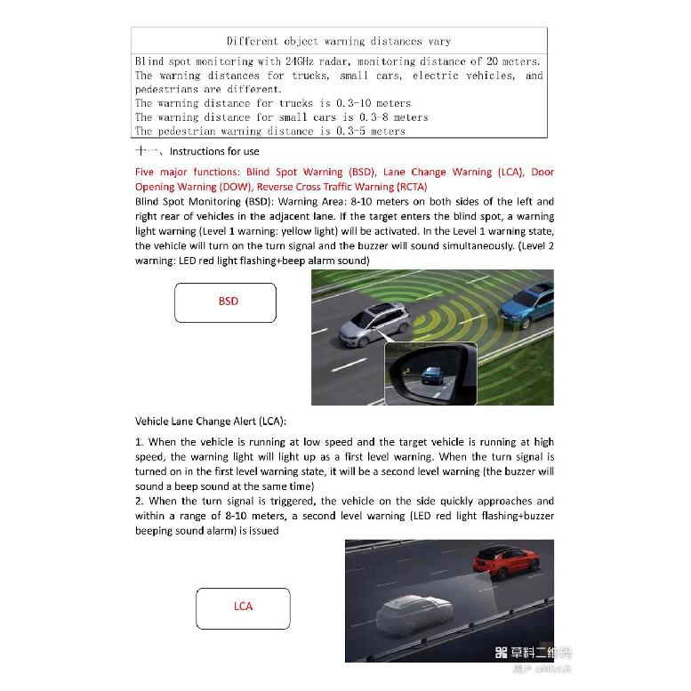Automobile BSD Blind Area Monitoring Lane change Auxiliary System 24GHz Microwave Radar Assist vehicles in safely changing lanes