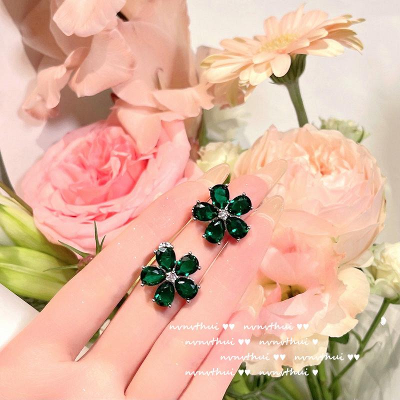Mojito Emerald Flower Necklace, Antique, Plated 18K Gold, Malachite Green, Flower Drop Zircon Earrings