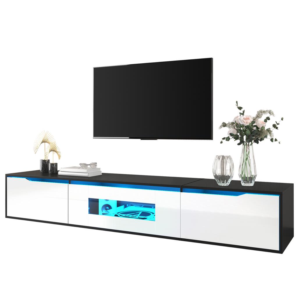 TV Cabinet High Gloss 180 cm, Black White with LED Lighting USB, Modern TV Lowboard with Wall Mounting, Color-Changing Light for Living Room