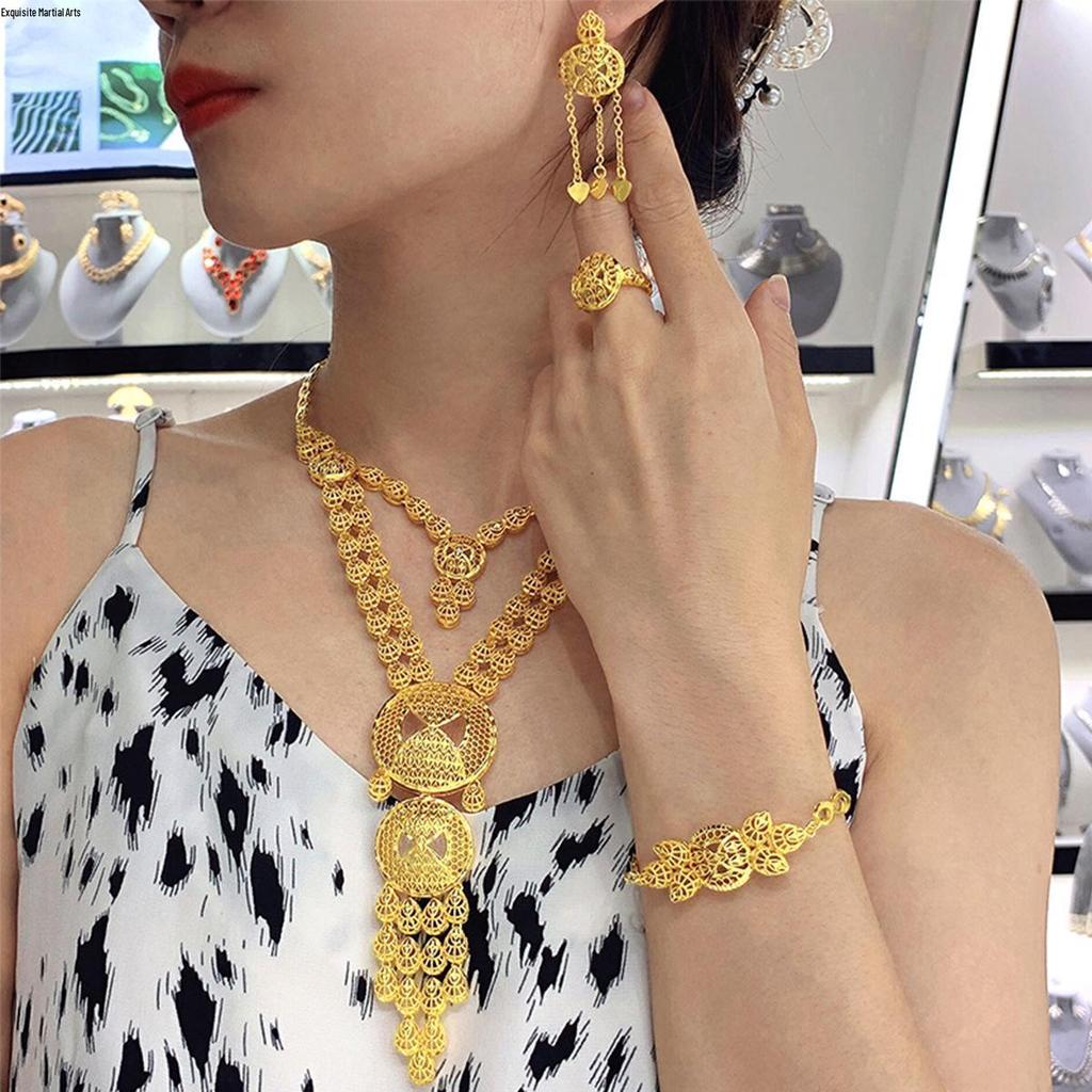 Dubai Wedding Jewelry Set: Ethnic Brass Gold-Plated Necklace, Earrings, Ring, and Bracelet.