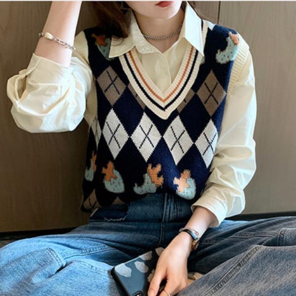 Gilet Lavorato a Maglia da Donna Autunno con Senso del Design Canottiera e Maglione con Motivo a Diamanti Gilet Largo