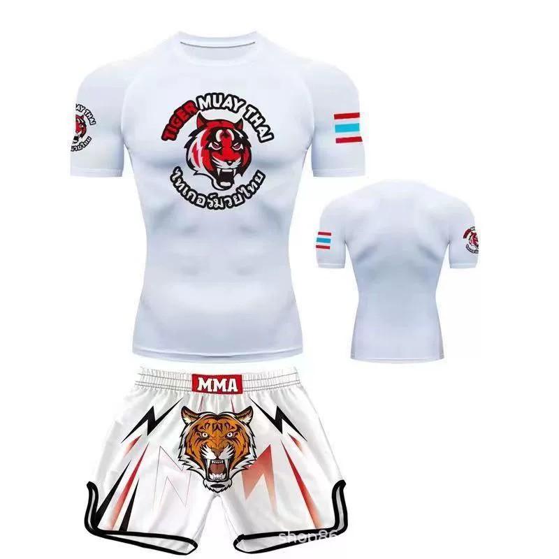 MMA Boxing T-Shirt With Tiger Head Print Mens Short Sleeve Gym Training Top Fitness Muay Thai Practice