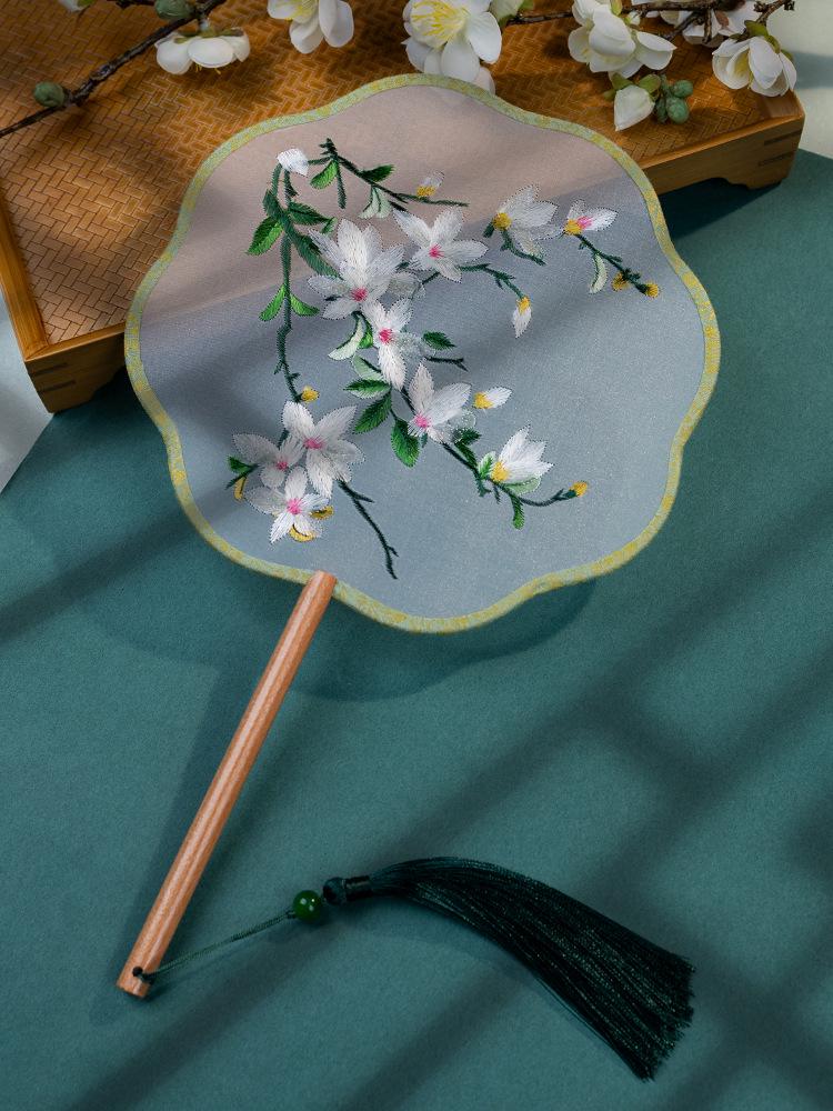 Chinese Embroidered Eight-Petal Round Dance Fan with Tassel - Perfect for Hanfu and Qipao Costumes